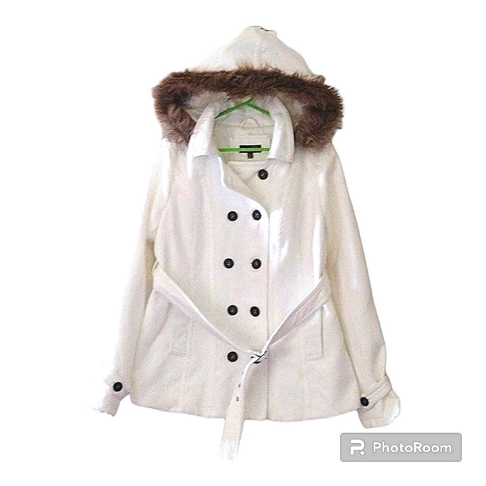 Rue 21 Winter White Belted Faux Fur trimmed Removable Hood Peacoat XL NWOT